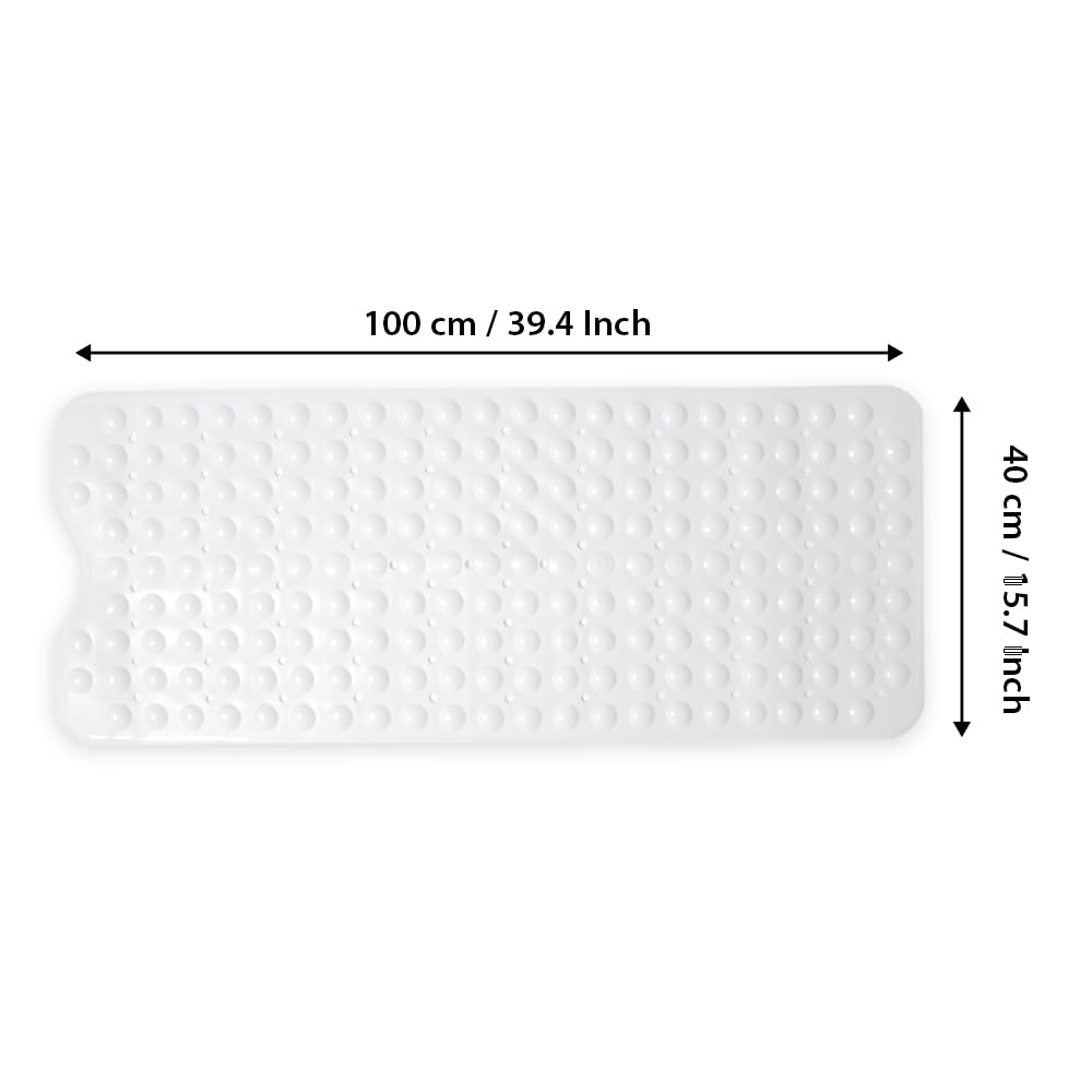 ANSIO® Long Bathtub Mat PVC Non-Slip Anti Mould Shower Mat with Drain Holes & Suction Cups Machine Washable 100 x 40cm / 39 x 16 inches - Solid White