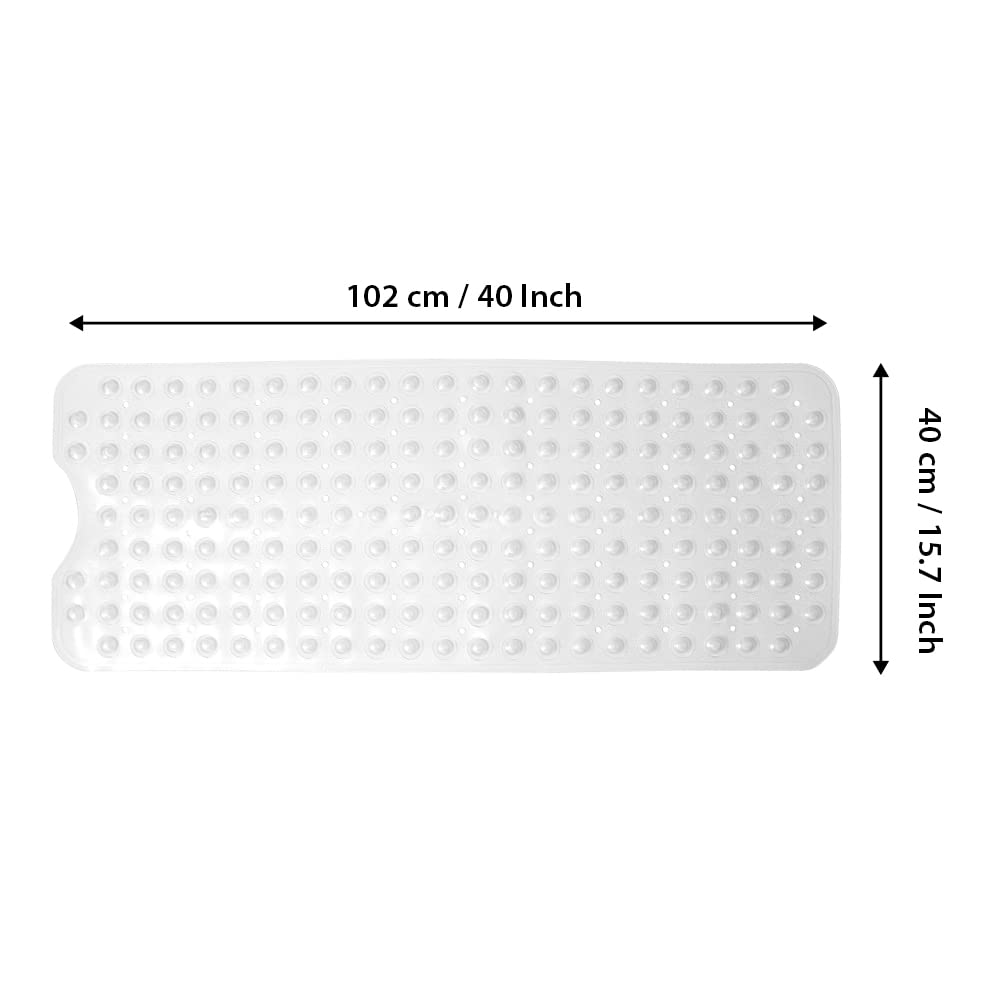 ANSIO® Long Bathtub Mat PVC Non-Slip Anti Mould Shower Mat with Drain Holes & Suction Cups Machine Washable 100 x 40cm / 39 x 16 inches - Solid White