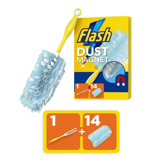 Flash Duster Dust Magnet Starter Kit, Dusters, 1 Handle + 14 Refills, Trap And Lock Away Dust, Dirt And Hair In No Time, Flash Dust Magnet Refill