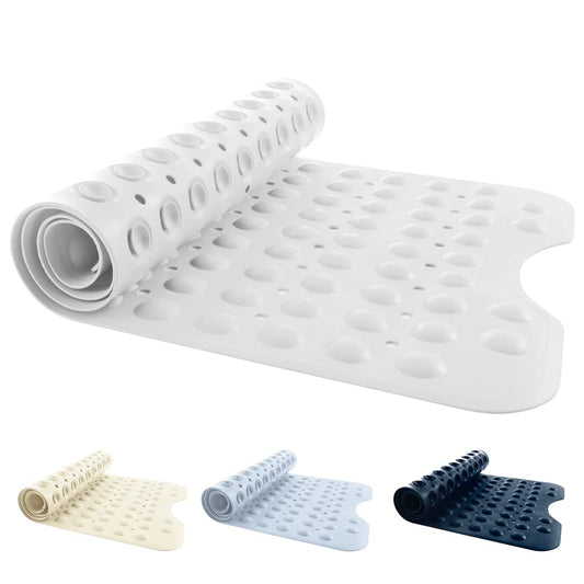 ANSIO® Long Bathtub Mat PVC Non-Slip Anti Mould Shower Mat with Drain Holes & Suction Cups Machine Washable 100 x 40cm / 39 x 16 inches - Solid White