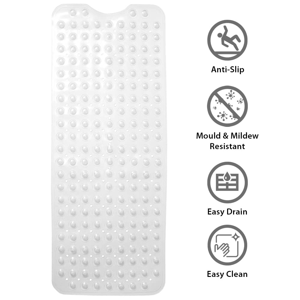 ANSIO® Long Bathtub Mat PVC Non-Slip Anti Mould Shower Mat with Drain Holes & Suction Cups Machine Washable 100 x 40cm / 39 x 16 inches - Solid White