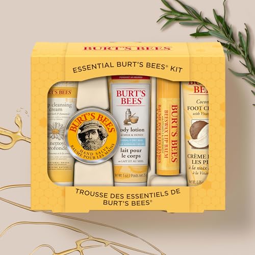 Burt's Bees Essential Gift Set, Lip Balm, Hand Salve, Body Lotion, Foot Cream & Face Cleanser, 5 Travel Size Products