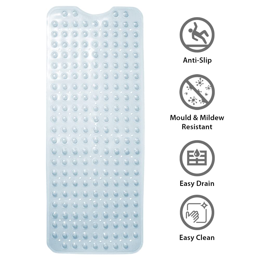 ANSIO® Long Bathtub Mat PVC Non-Slip Anti Mould Shower Mat with Drain Holes & Suction Cups Machine Washable 100 x 40cm / 39 x 16 inches - Solid White