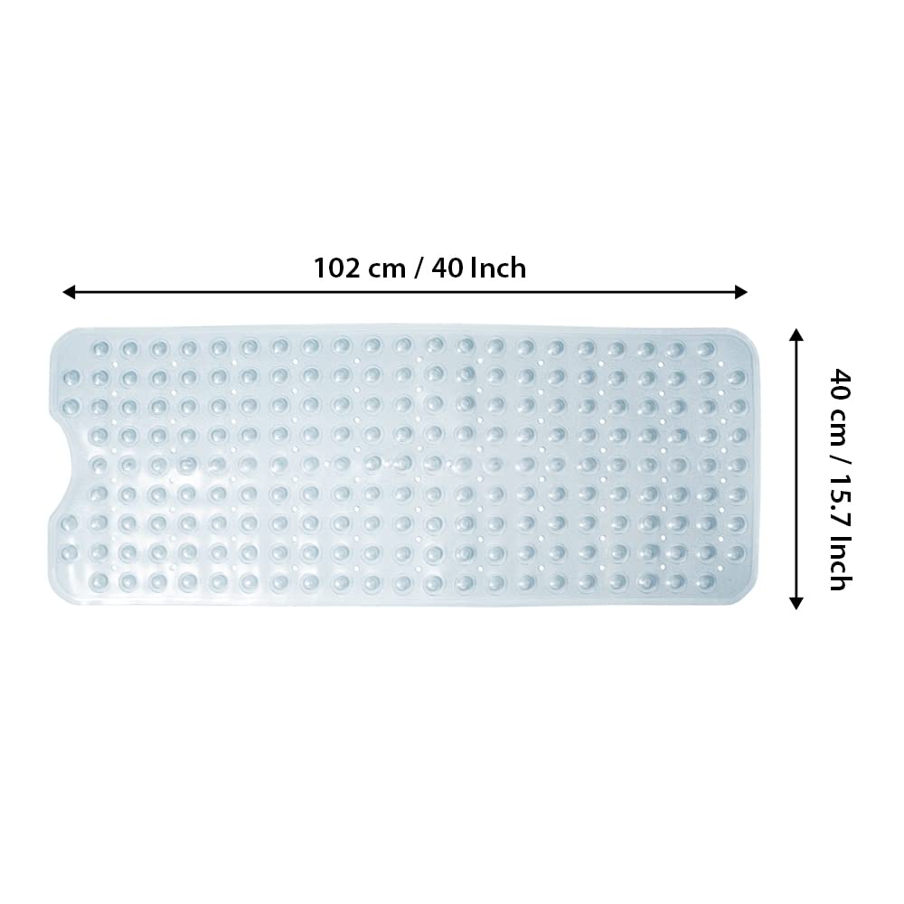 ANSIO® Long Bathtub Mat PVC Non-Slip Anti Mould Shower Mat with Drain Holes & Suction Cups Machine Washable 100 x 40cm / 39 x 16 inches - Solid White