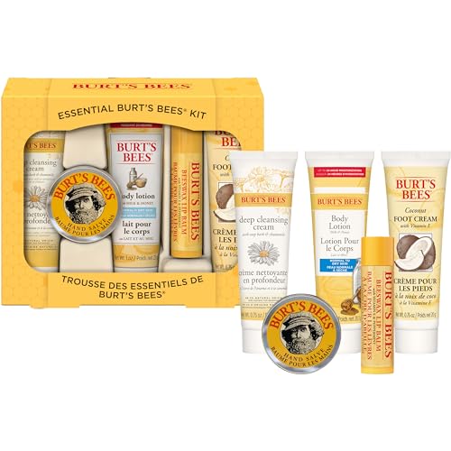 Burt's Bees Essential Gift Set, Lip Balm, Hand Salve, Body Lotion, Foot Cream & Face Cleanser, 5 Travel Size Products