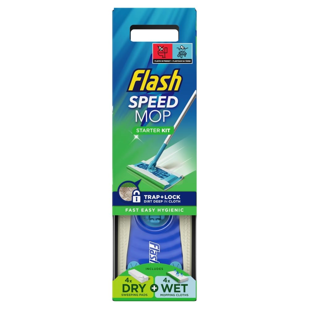 Flash Speedmop Floor Cleaner Starter Kit, Flash Speed Mop, Spray Mop, Dry Wet Mop, All-In-One Floor Mopping System (8 Wet + 16 Dry Pads), Flash Mop Refill Liquid