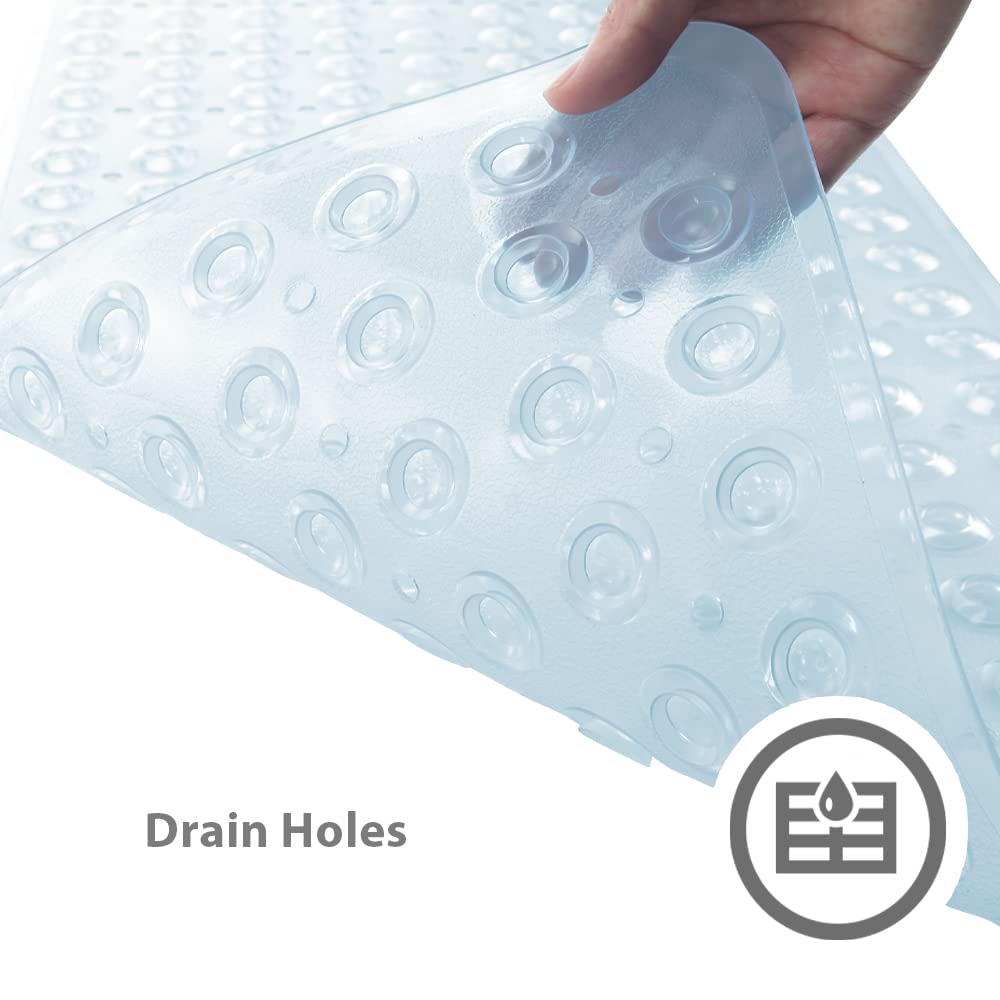 ANSIO® Long Bathtub Mat PVC Non-Slip Anti Mould Shower Mat with Drain Holes & Suction Cups Machine Washable 100 x 40cm / 39 x 16 inches - Solid White