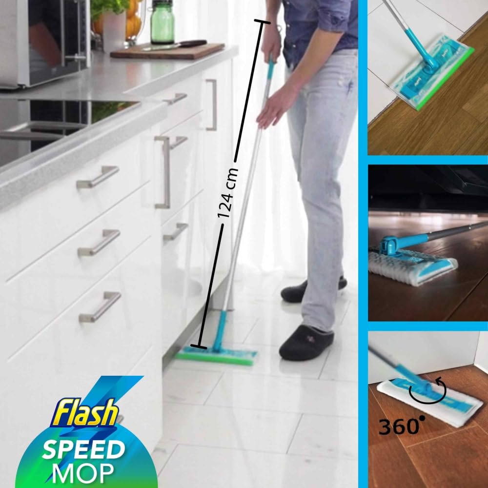 Flash Speedmop Floor Cleaner Starter Kit, Flash Speed Mop, Spray Mop, Dry Wet Mop, All-In-One Floor Mopping System (8 Wet + 16 Dry Pads), Flash Mop Refill Liquid