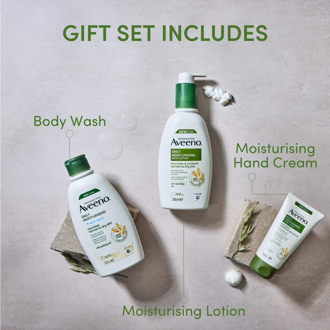 AVEENO® Daily Moisturising Gift Set with Body Wash 300ml, Body Lotion 300ml and Hand Cream 75ml, Sensitive Skin Gift, 3-Step Skincare Regime, Christmas Gift