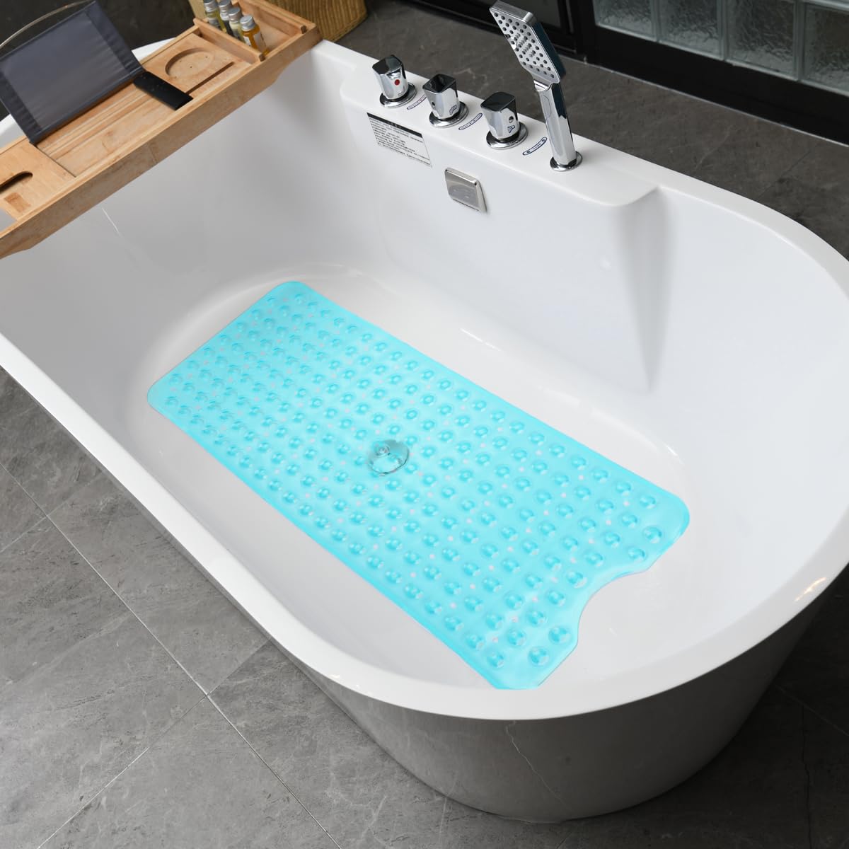 ANSIO® Long Bathtub Mat PVC Non-Slip Anti Mould Shower Mat with Drain Holes & Suction Cups Machine Washable 100 x 40cm / 39 x 16 inches - Solid White