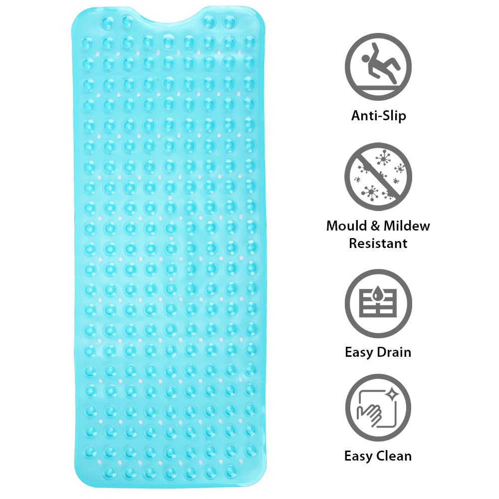 ANSIO® Long Bathtub Mat PVC Non-Slip Anti Mould Shower Mat with Drain Holes & Suction Cups Machine Washable 100 x 40cm / 39 x 16 inches - Solid White