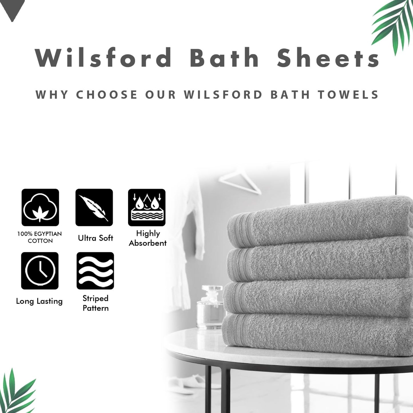 Lions Bath Towels - Set of 4 Bathroom Large Bath Sheets, 100% Luxury Cotton, 500 GSM 75X135CM, Highly Absorbent and Quick Dry Extra Large Bath Towel, Bathroom Accessory Set, Silver