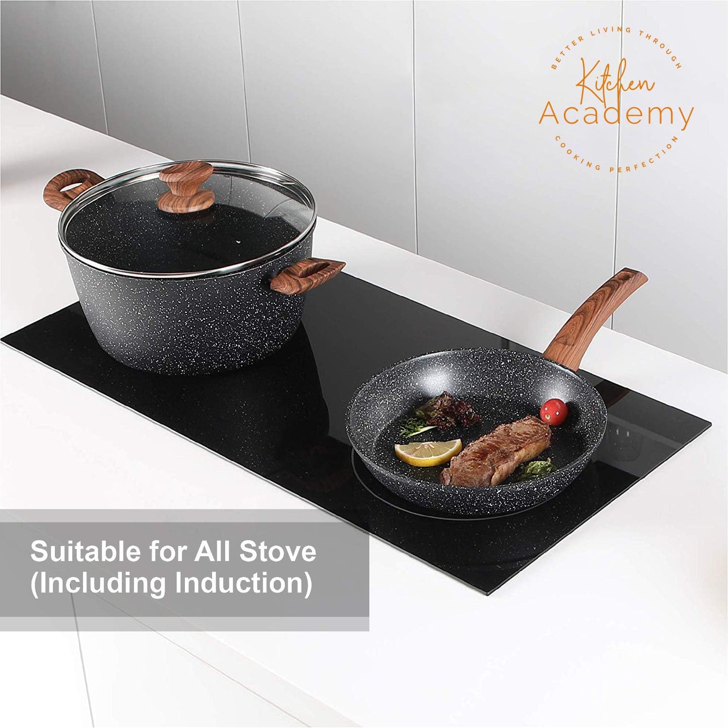 Kitchen Academy Induction Cookware Sets - 12 Piece Cooking Pan Set, Gray Granite Nonstick Pots and Pans Set, Induction Hob Pans Set