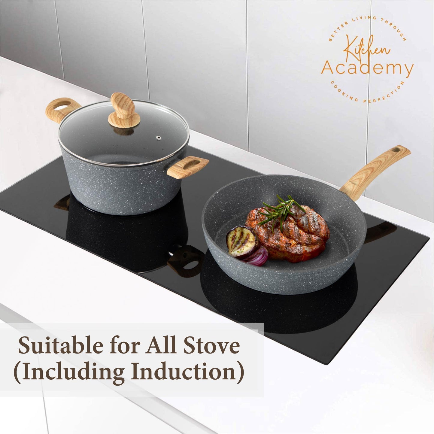 Kitchen Academy Induction Cookware Sets - 12 Piece Cooking Pan Set, Gray Granite Nonstick Pots and Pans Set, Induction Hob Pans Set