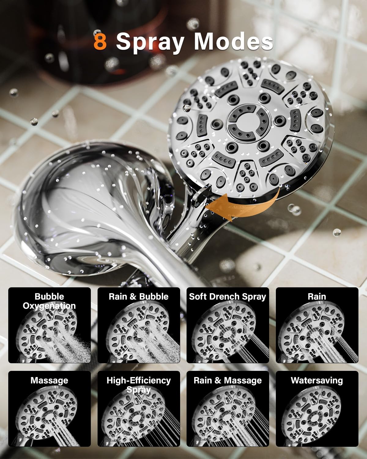 Cobbe Shower Head, High Pressure Shower Head with 8 Spray Modes, Universal Bathroom Water Saving Shower Heads, Large Powerful Flow Rain Showerhead for Low Water Pressure, Chrome