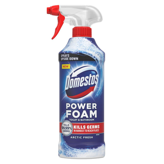 Domestos Power Foam Arctic Fresh Toilet & Bathroom Cleaner Spray sprays upside down & eliminates 99.99% of germs for cleaning inside the toilet & around bathroom 450 ml