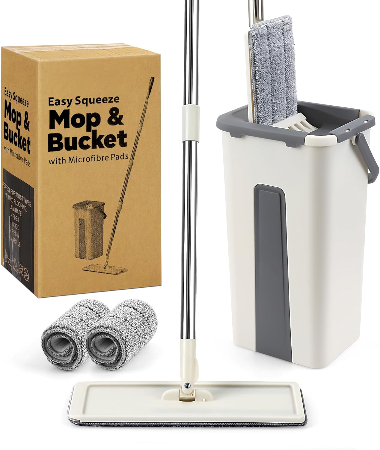 Albert Austin Flat Mop and Bucket Set Lightweight 360° Rotatable Head with Stainless Steel Handle Flat Mop Bucket Wet And Dry Use Compartments 2 Reusable Microfiber Mop Pads For All Hard Floors Tiles