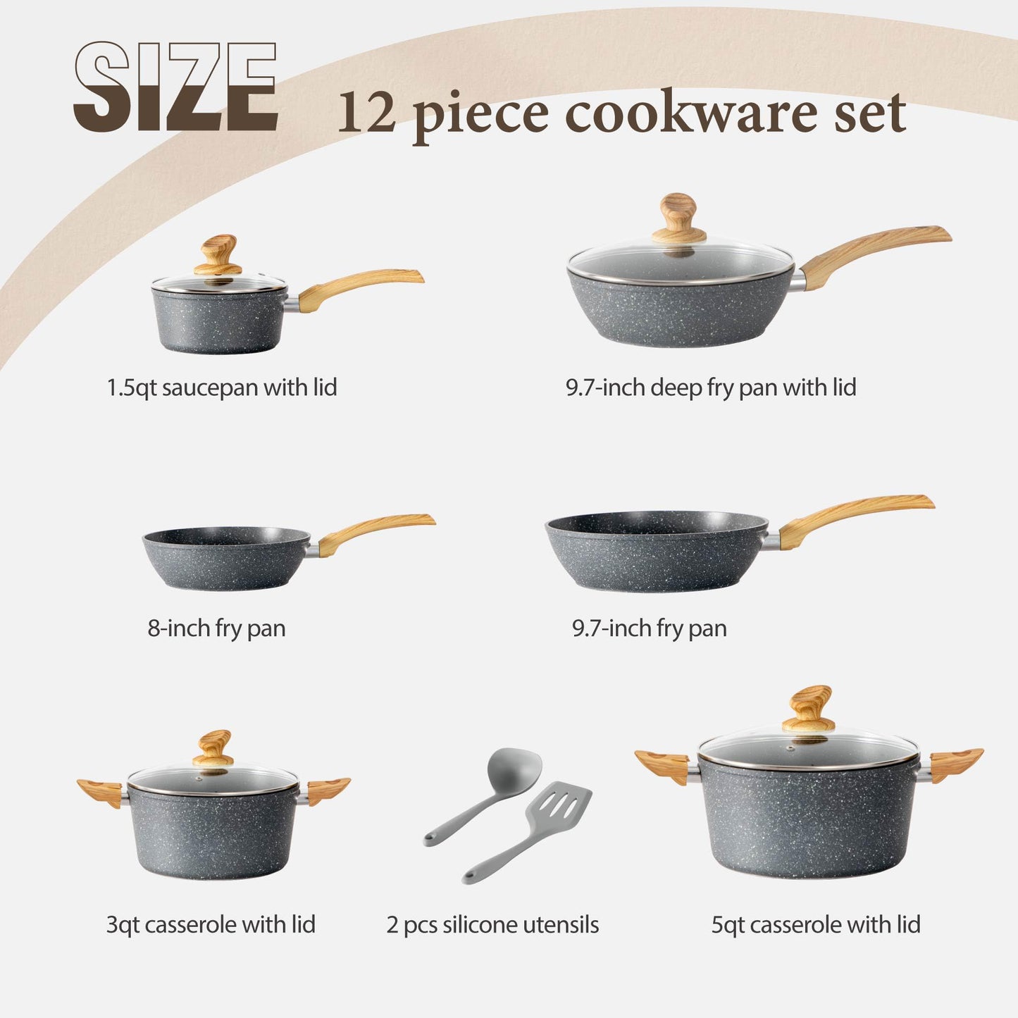 Kitchen Academy Induction Cookware Sets - 12 Piece Cooking Pan Set, Gray Granite Nonstick Pots and Pans Set, Induction Hob Pans Set