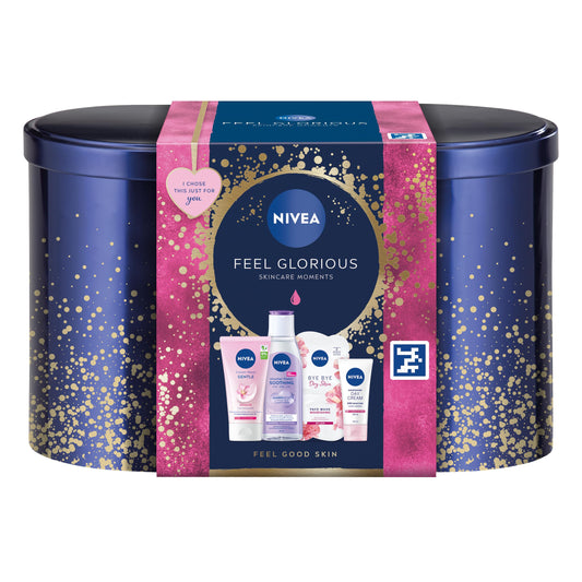 NIVEA Feel Glorious Gift Set (5 Products), Women's Gift Set with Beauty Products, Includes Micellar Water, Face Mask, Day Cream, Cream Wash, with Stylish Oval Tin